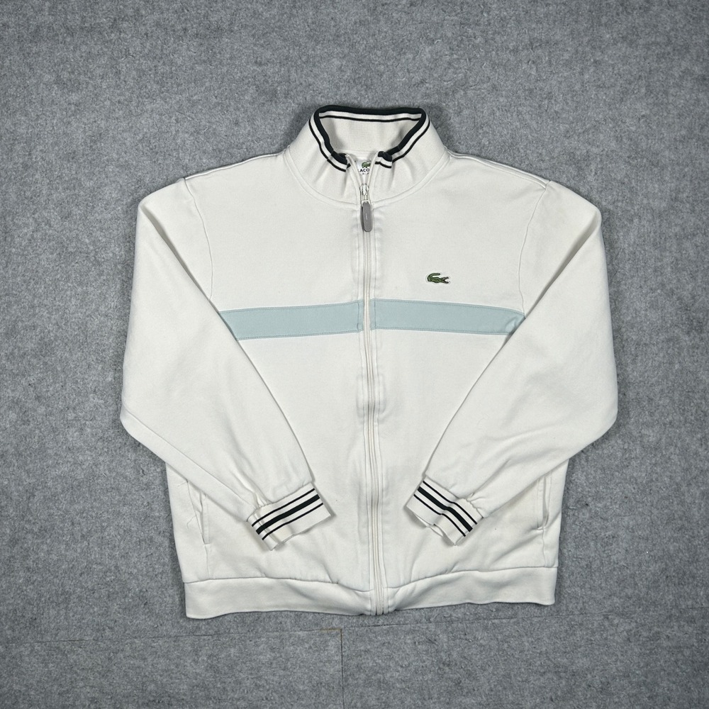 Lacoste Sport Jacket Mens 4 White Blue Stripe Full Zip Track Sweatshirt Vintage